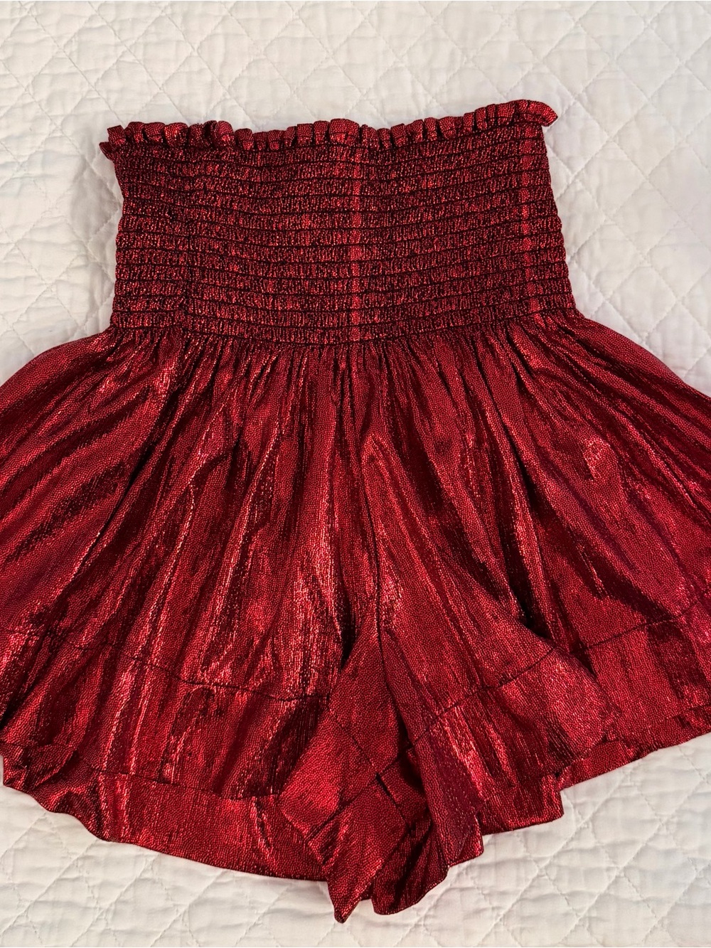 QUEEN OF SPARKLES Metallic Red High-Waist Smocked Shorts